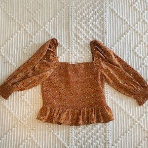 Brown Square-Neck Shirred Peplum Top